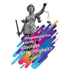 Key Visual RiStA-Tag 2023 | Bildquelle: DRB Justicia mit Wage und Schwert mit Titel des Richter- und Staatsanwaltschaftstags für 2023 „Programmiertes Recht – absolute Gerechtigkeit?“